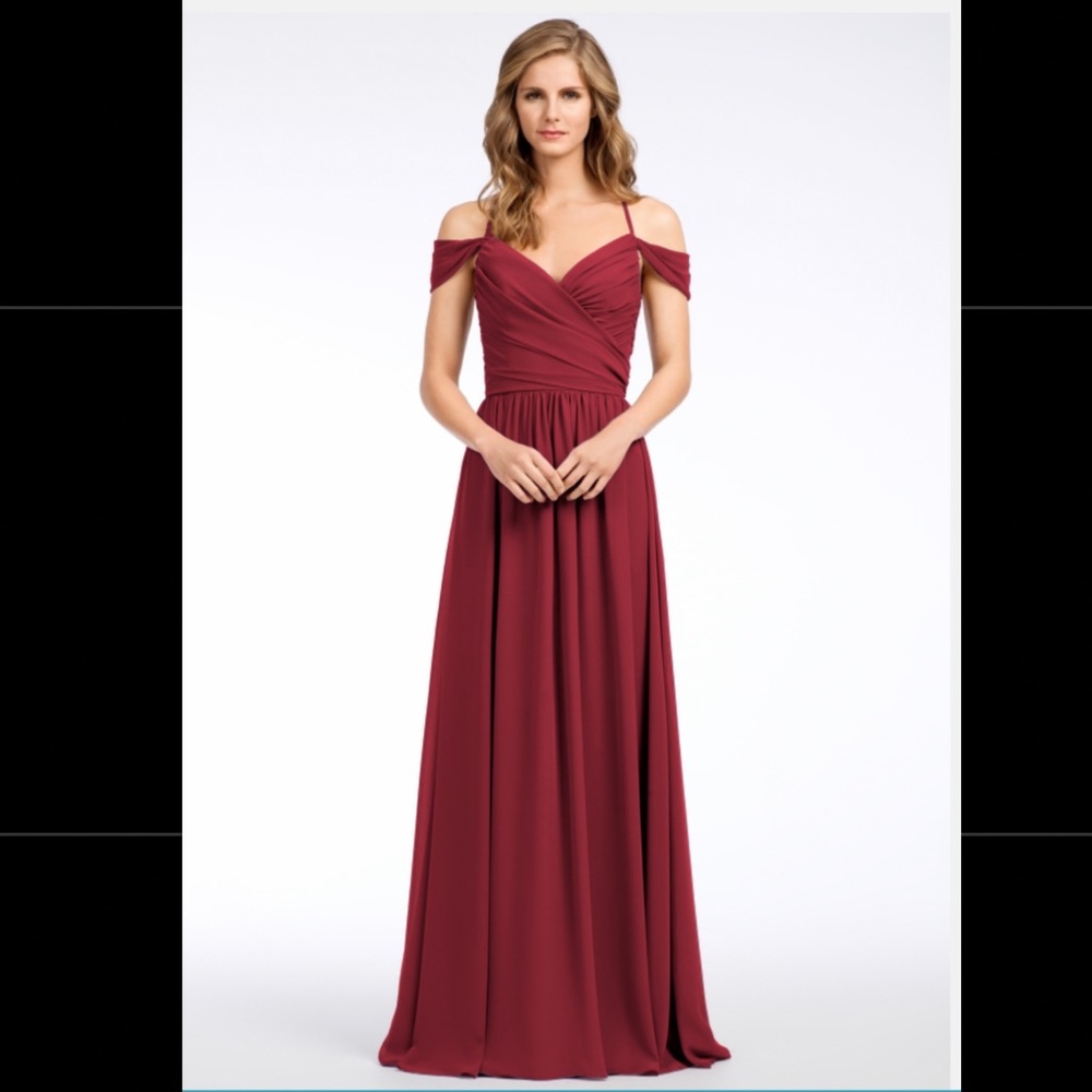 Burgundy chiffon gown with off the shoulder straps